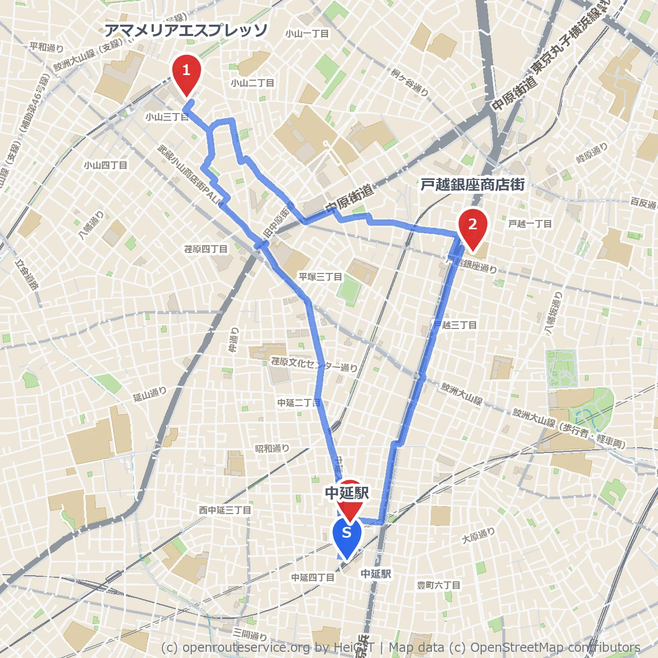 戸越銀座商店街と東中延公園をめぐる街歩き のコースマップ