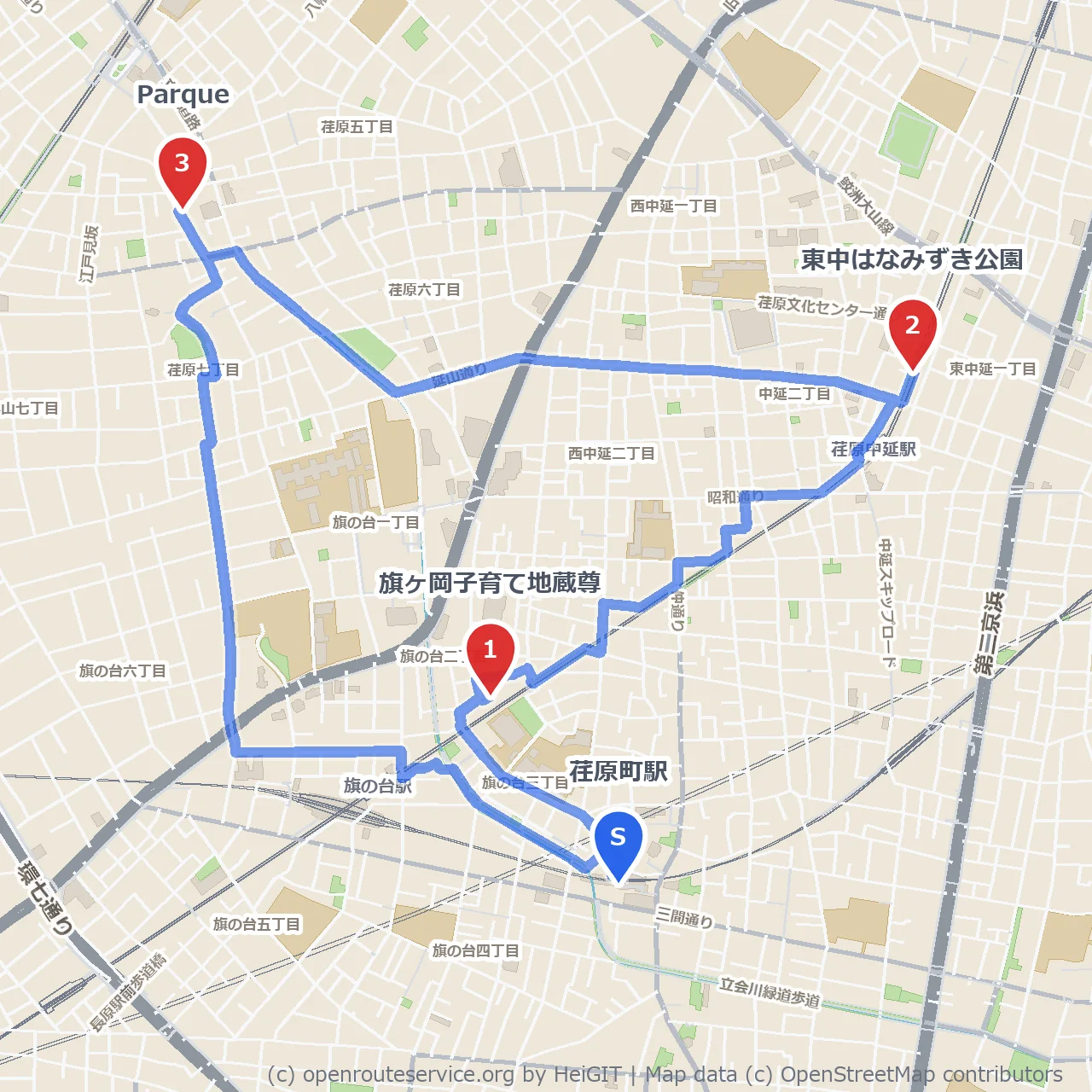 旗ヶ岡子育て地蔵尊と東中はなみずき公園巡り のコースマップ