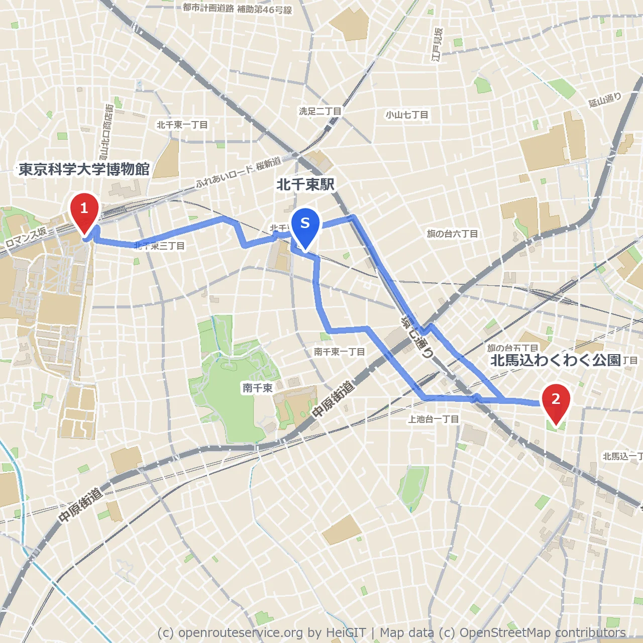 東京科学大学博物館から北馬込わくわく公園までの散策 のコースマップ