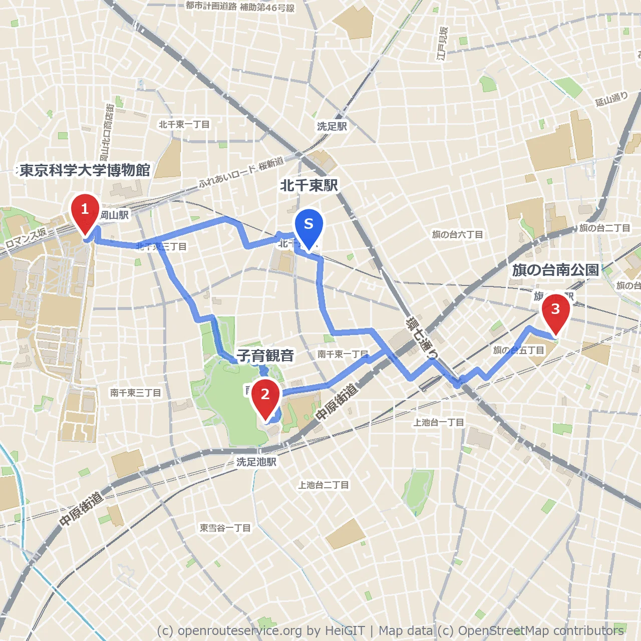 東京科学大学博物館と子育観音をめぐる旗の台南公園散歩 のコースマップ