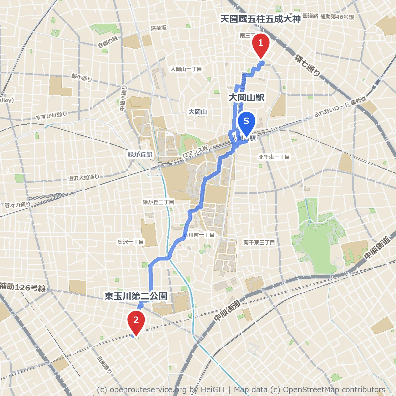 天圀蔵五柱五成大神と東玉川第二公園をつなぐ静かな散歩道 のコースマップ