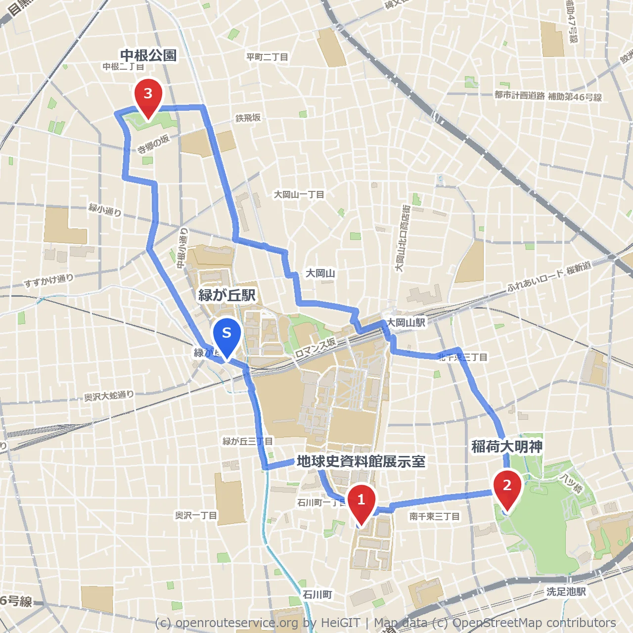 地球史資料館と稲荷大明神を巡る緑が丘の歴史散歩 のコースマップ