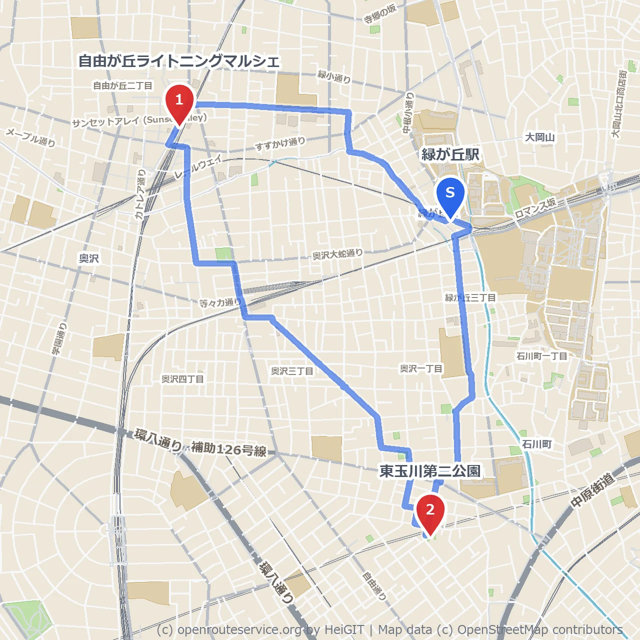 自由が丘ライトニングマルシェから東玉川公園へののんびり散歩 のコースマップ