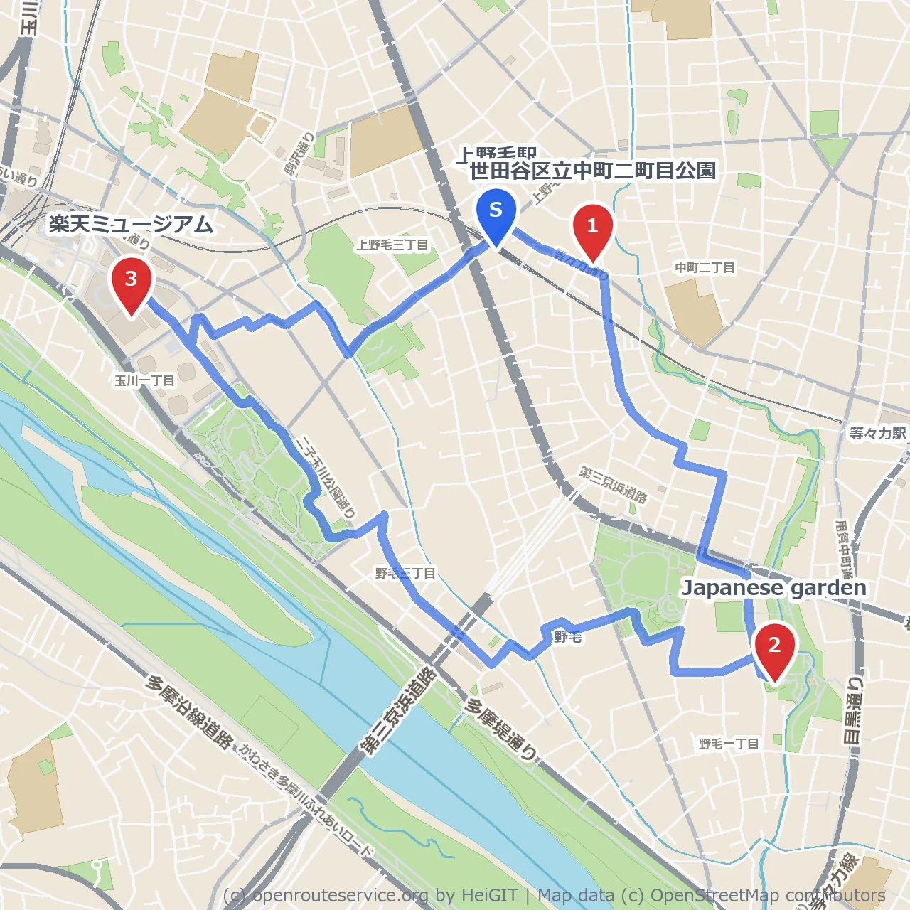 中町二町目公園と楽天ミュージアムの文化散歩 のコースマップ