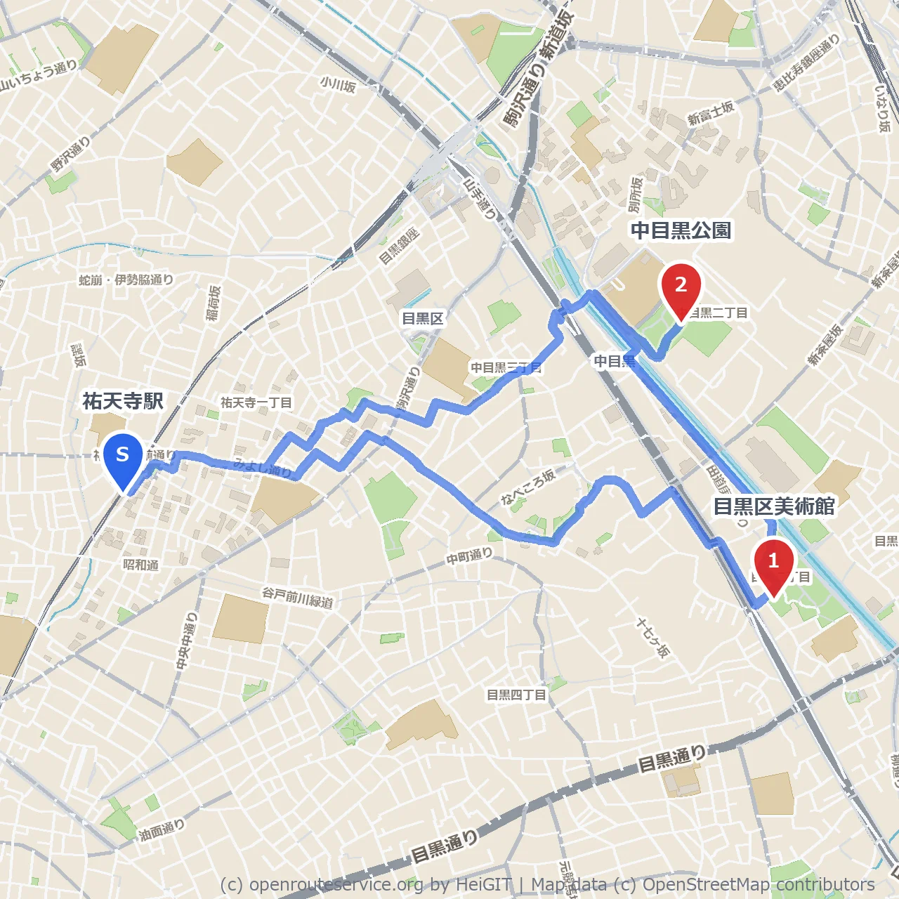 目黒区美術館と中目黒公園の静かな散策路 のコースマップ