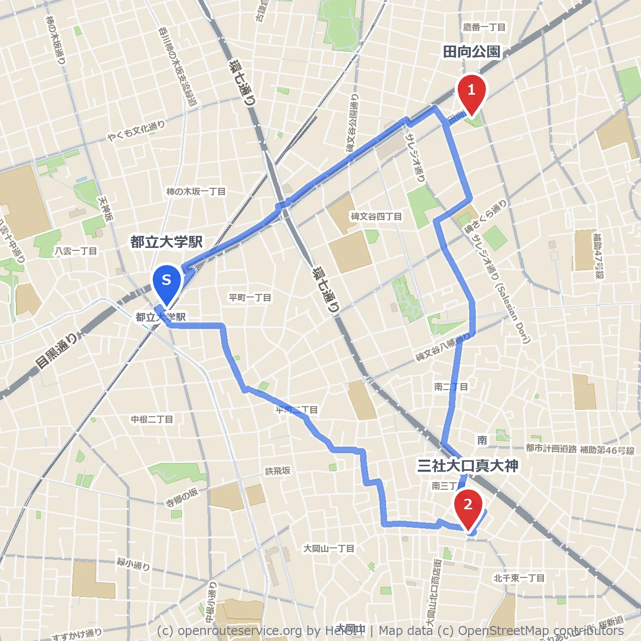 田向公園から三社大口真大神へ歴史を感じる散歩道 のコースマップ