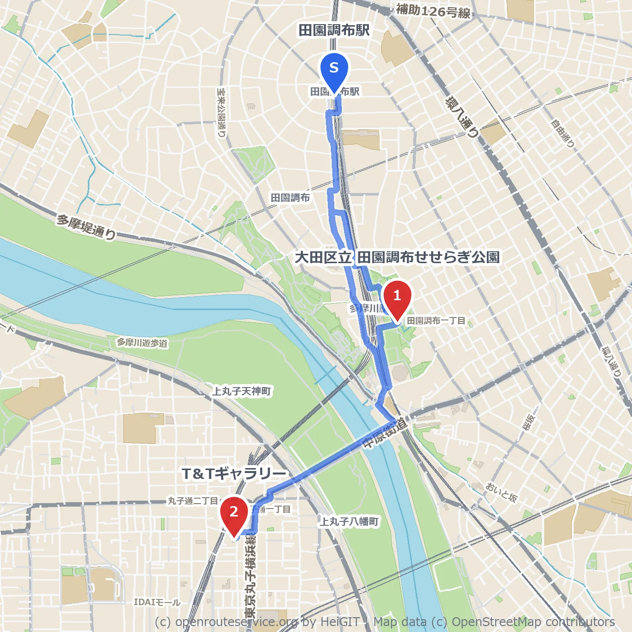 田園調布せせらぎ公園とT＆Tギャラリーを巡る道 のコースマップ