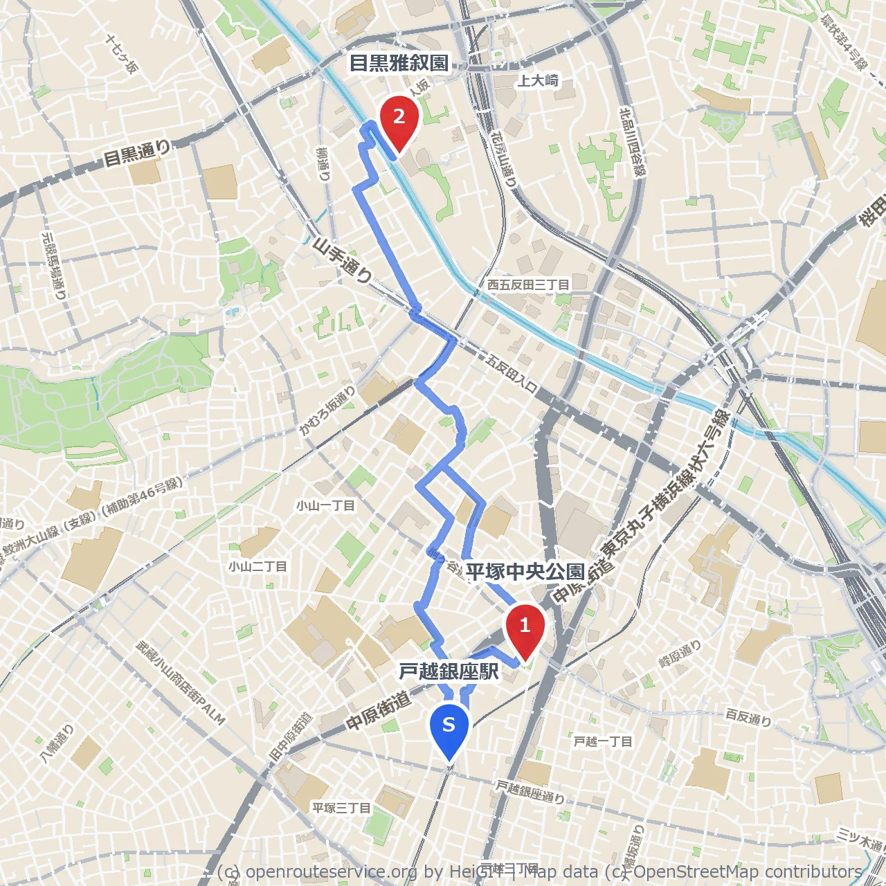 平塚中央公園から目黒雅叙園の散策路 のコースマップ