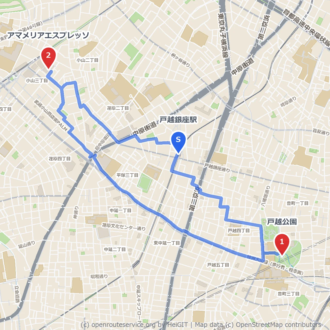 戸越公園で過ごすカフェと自然の小径 のコースマップ