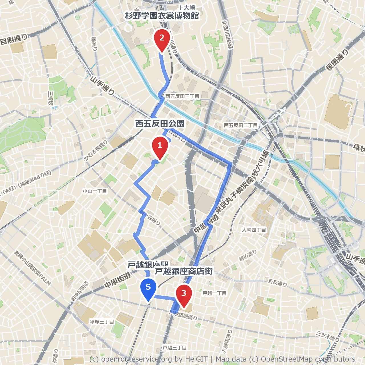 西五反田公園と衣裳博物館、戸越銀座の文化散歩 のコースマップ