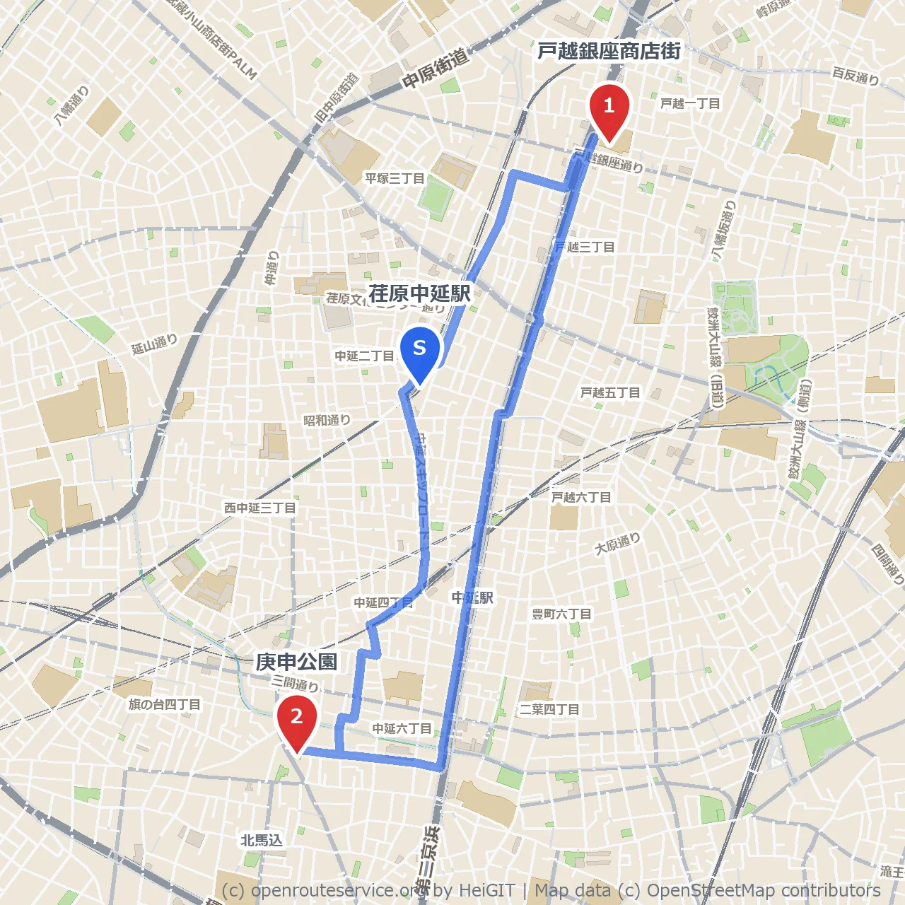戸越銀座商店街と庚申公園でののんびり散策 のコースマップ