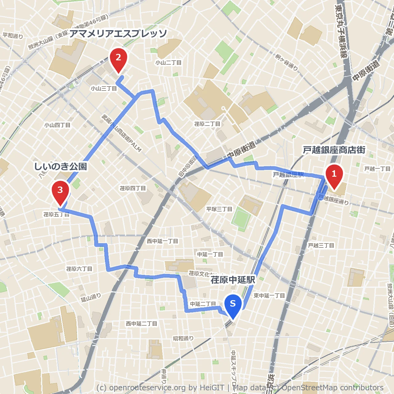 戸越銀座商店街からアマメリアカフェとしいのき公園へ のコースマップ