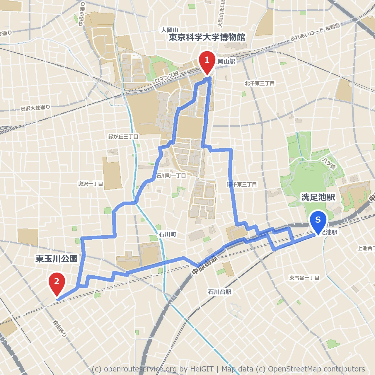 東京科学大学博物館と東玉川公園の彩り散策 のコースマップ