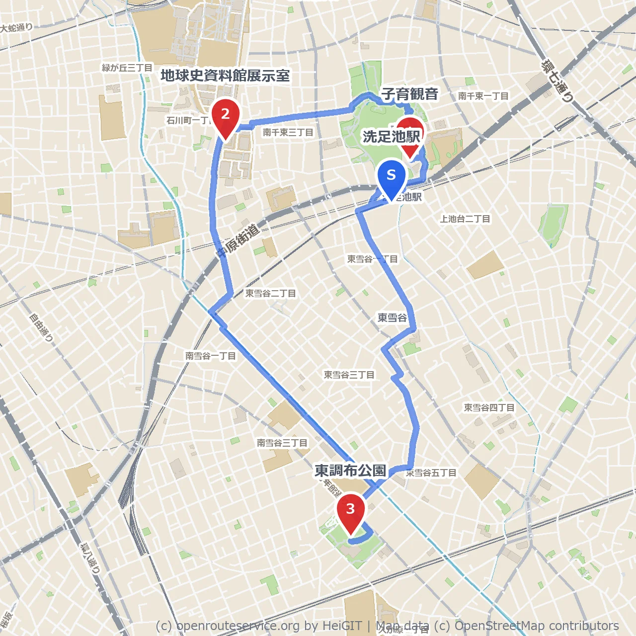 子育観音と地球史資料館、東調布公園を巡る道 のコースマップ