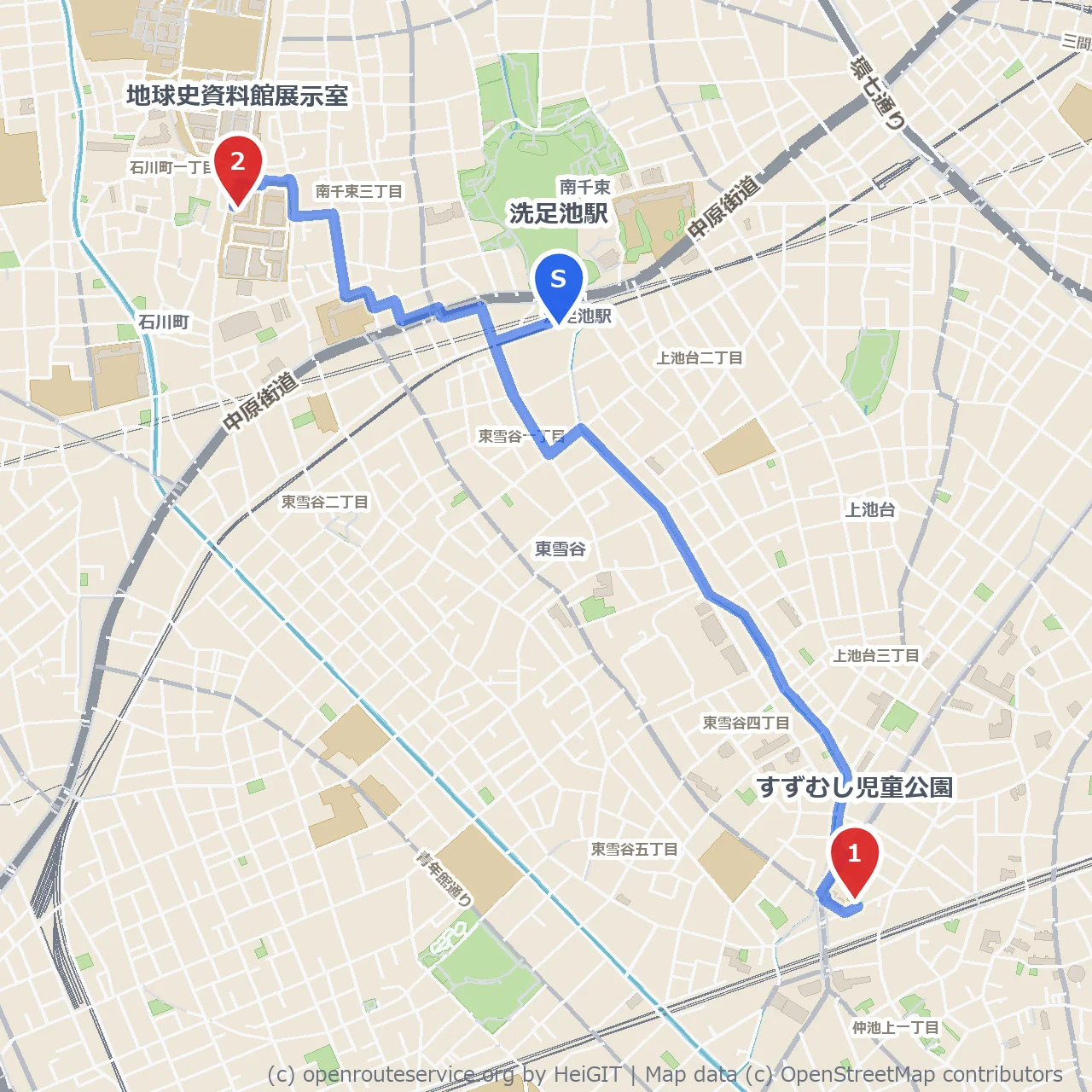 すずむし児童公園から地球史資料館へ歩く文化散歩 のコースマップ