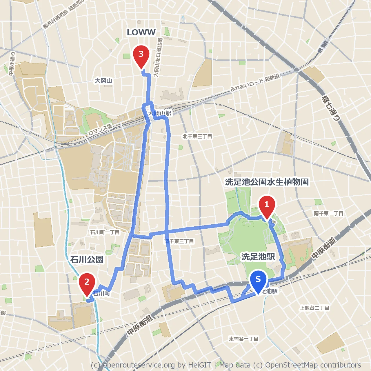 洗足池公園水生植物園から石川公園、LOWWギャラリー散歩 のコースマップ