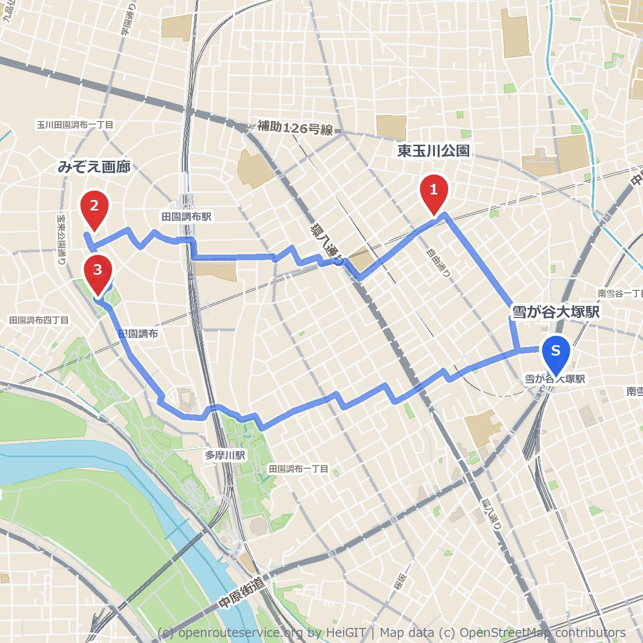 東玉川公園と宝来公園を巡るアートと緑の散歩道 のコースマップ