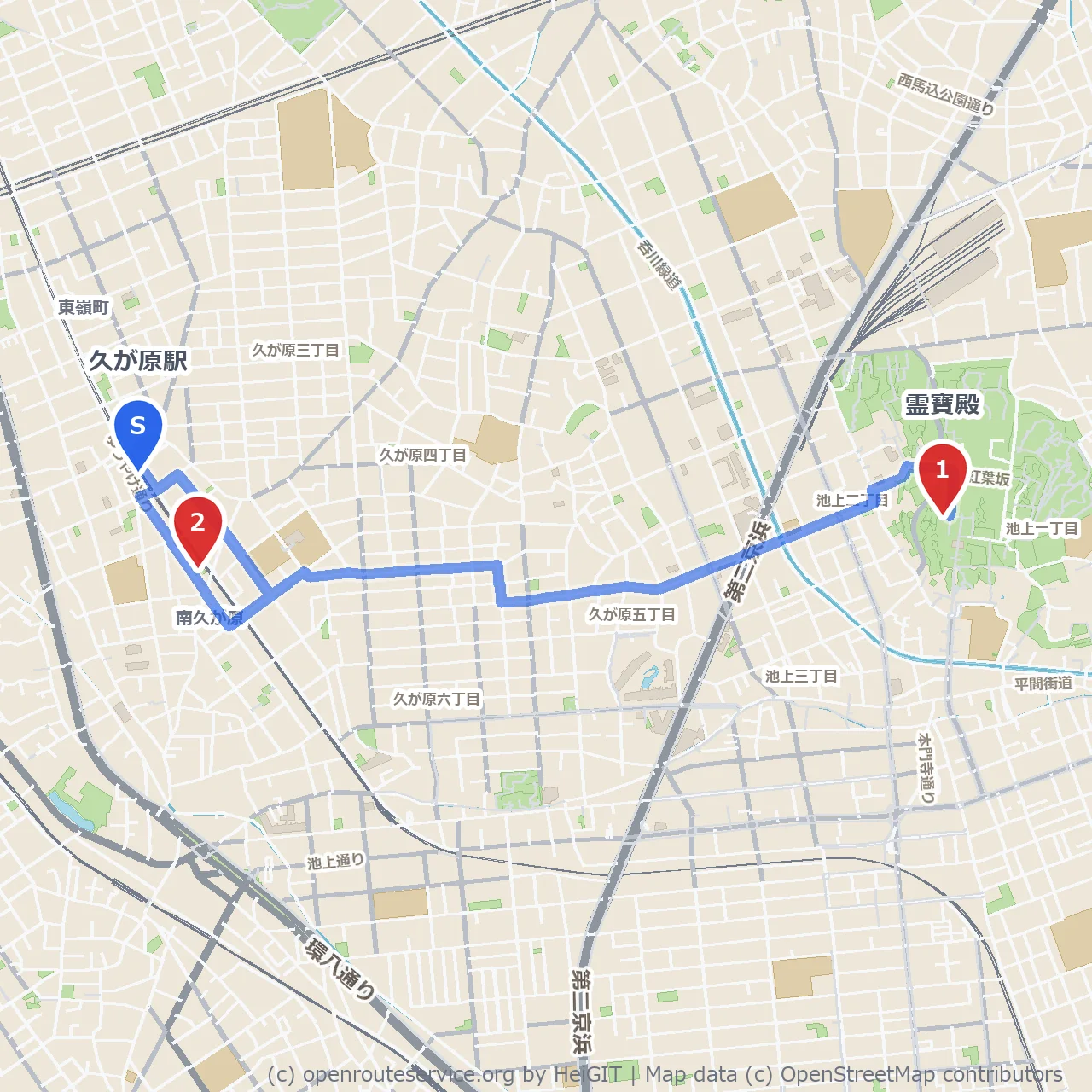 霊寶殿とことり児童公園を巡る久が原の散策路 のコースマップ
