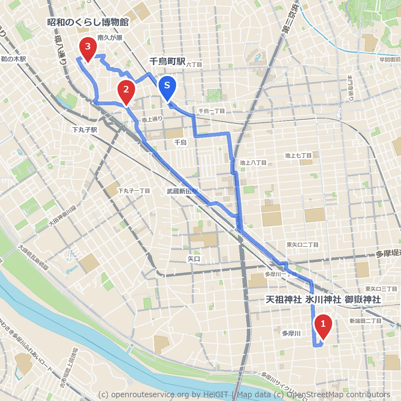 千鳥町周辺の神社と昭和のくらしを辿る散歩路 のコースマップ