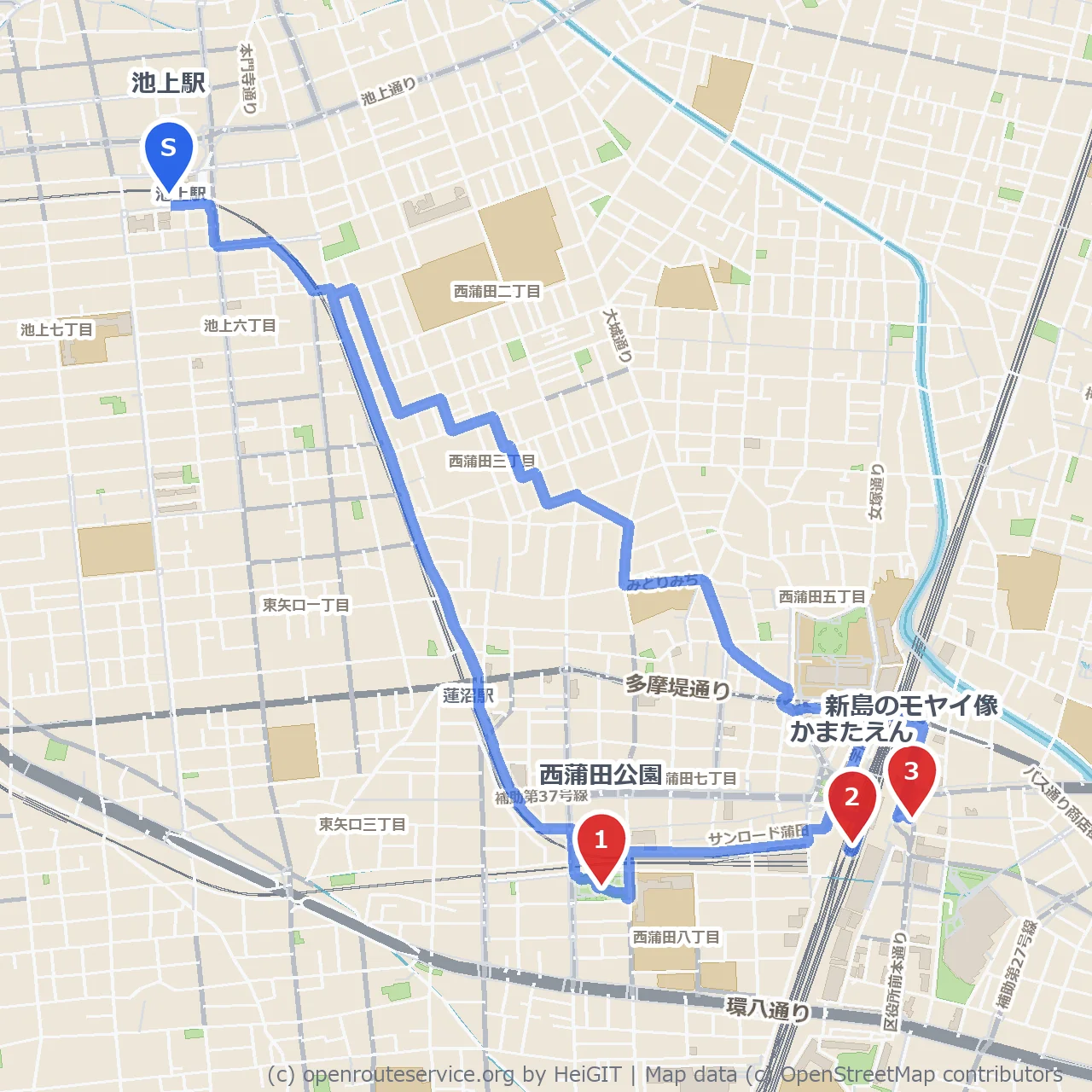 西蒲田公園からかまたえん、新島モヤイ像を巡る道 のコースマップ