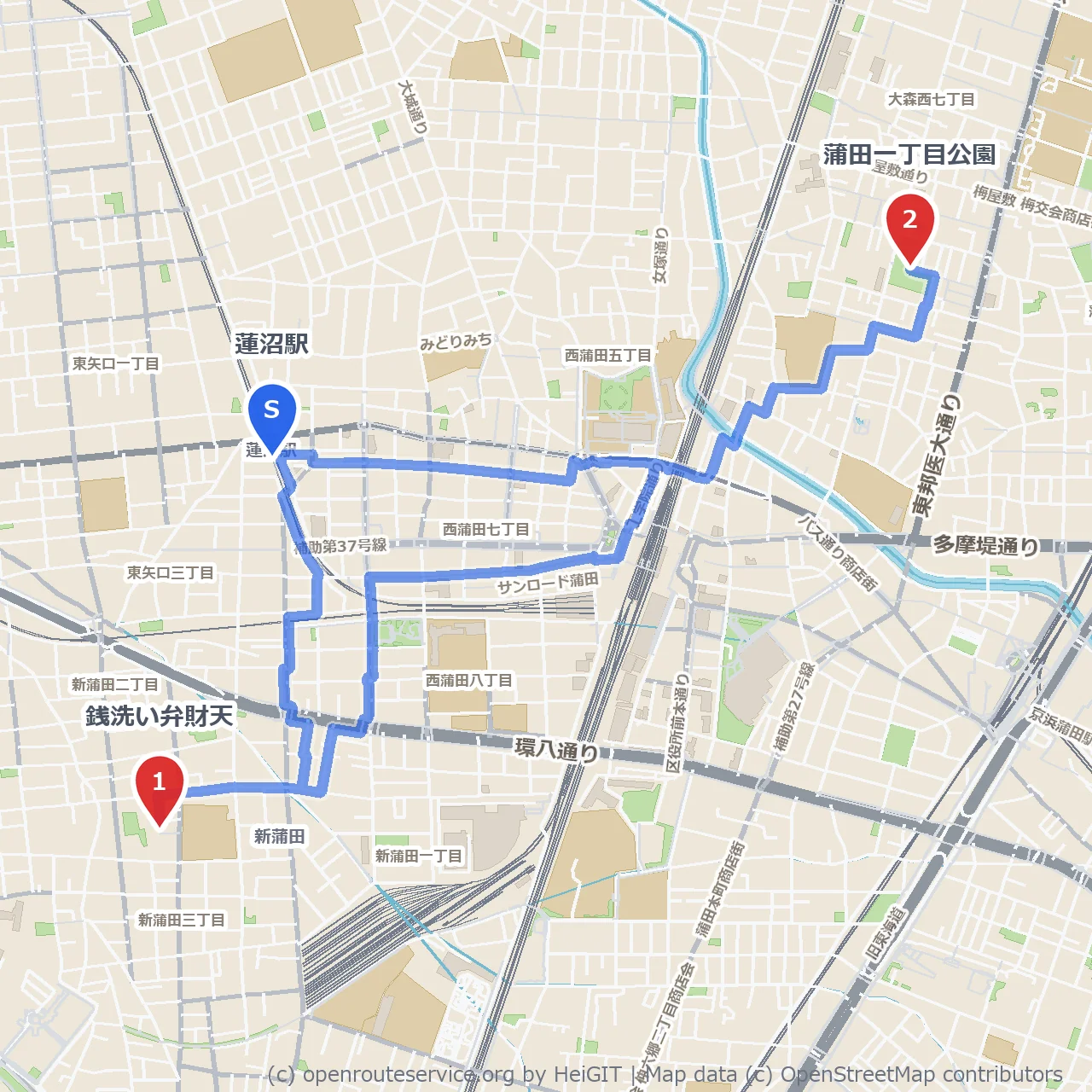 銭洗い弁財天から蒲田一丁目公園の静かな散策路 のコースマップ