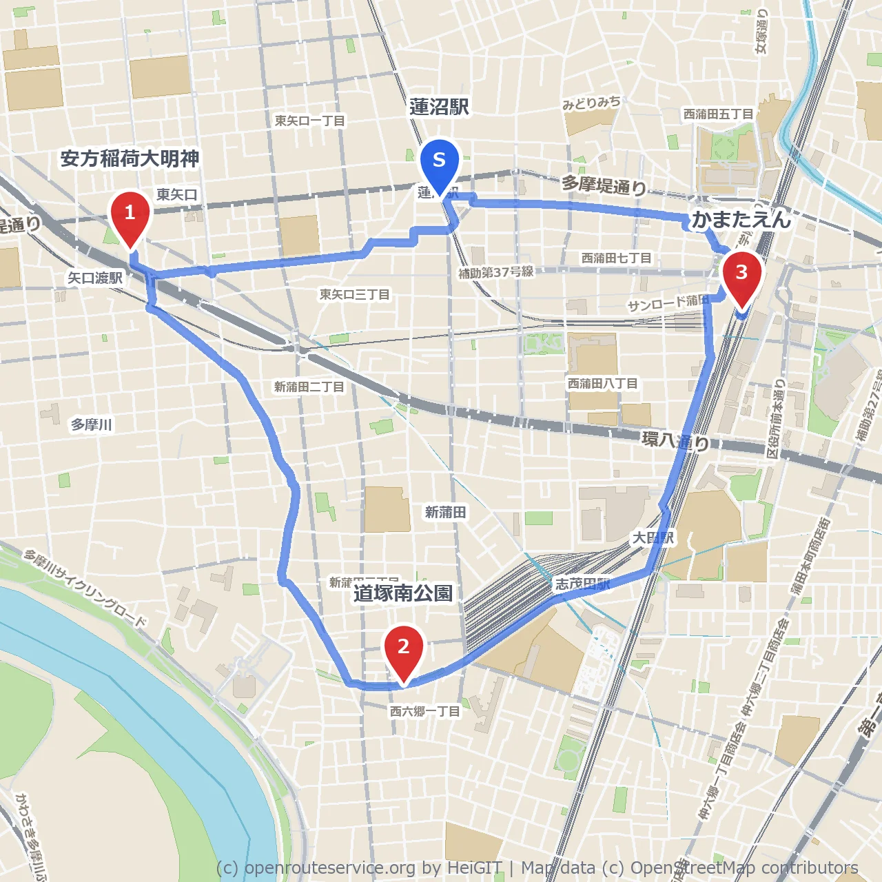 安方稲荷大明神と遊園地かまたえんをめぐる緑道散歩 のコースマップ