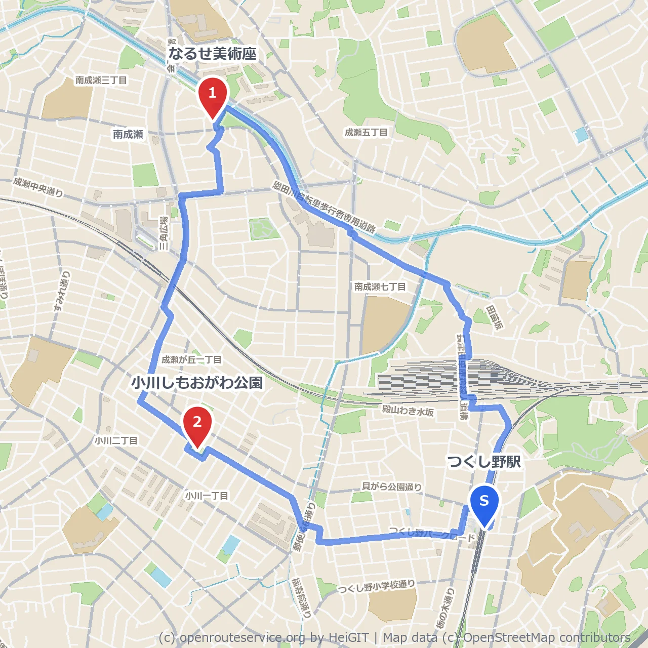 なるせ美術座と小川しもおがわ公園の静かな散策路 のコースマップ