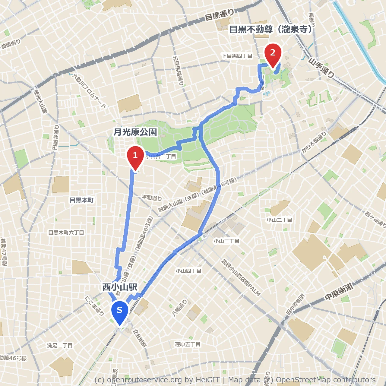 西小山から歩く月光原公園と目黒不動尊の散策 のコースマップ