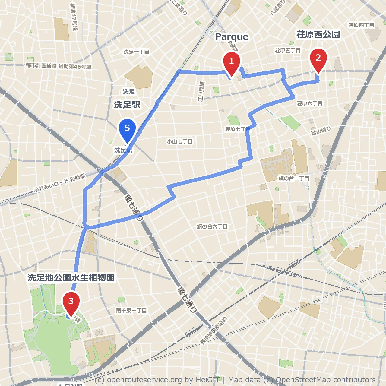 Parqueと荏原西公園を経て洗足池水生植物園へ歩く旅 のコースマップ