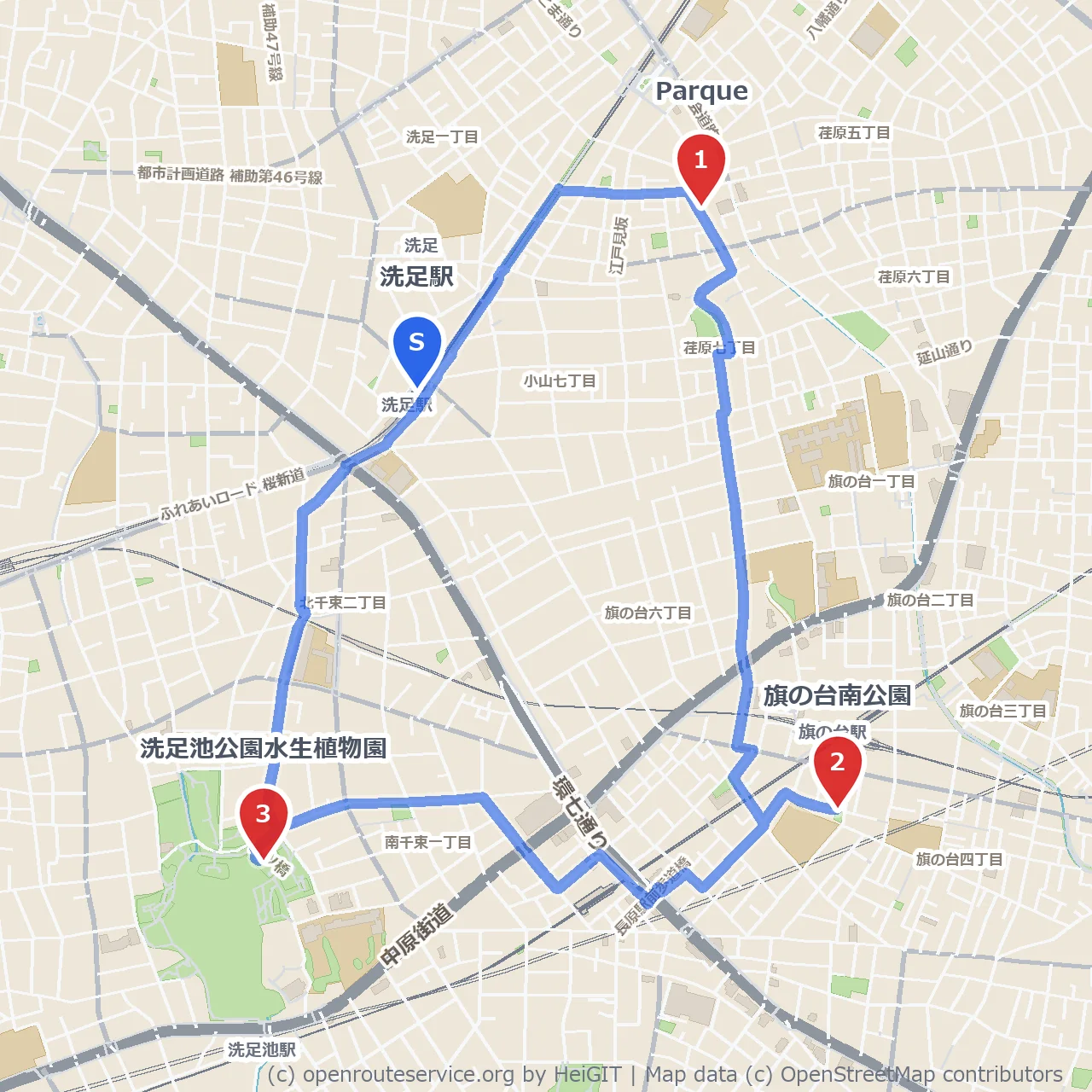 Parqueから旗の台南公園を巡る洗足池水生植物園散歩 のコースマップ
