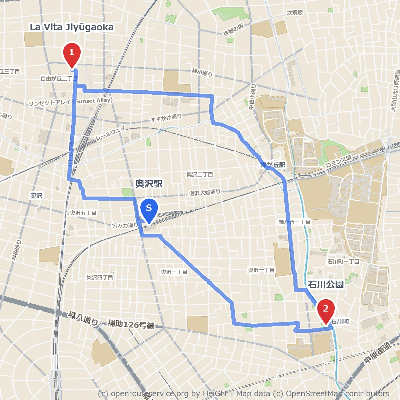 La Vita Jiyūgaoka周辺と石川公園の緑を楽しむ散歩 のコースマップ