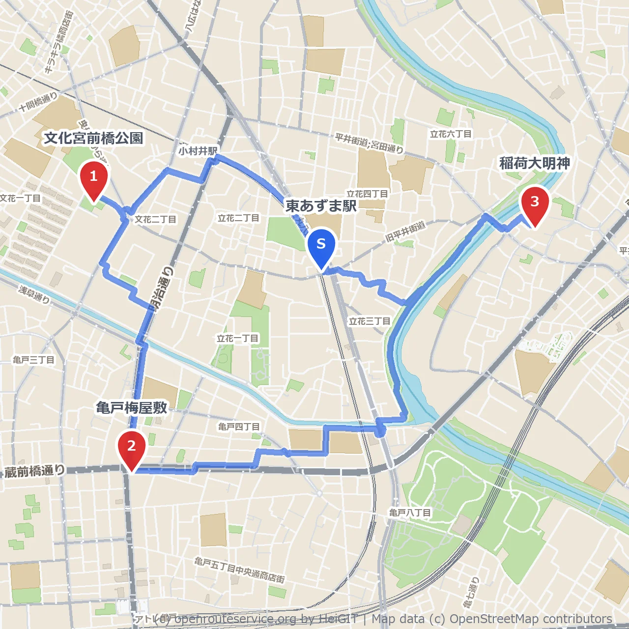 亀戸梅屋敷と稲荷大明神を巡る文化宮前橋公園散歩道 のコースマップ