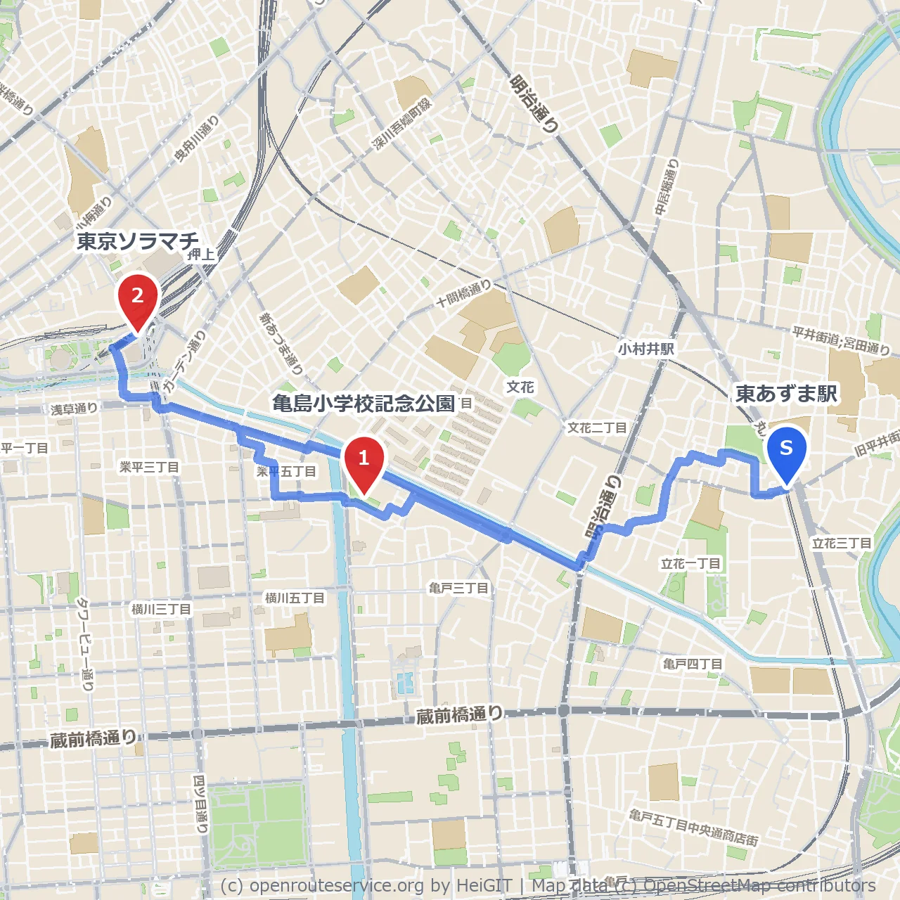 東あずま駅発 亀島小学校記念公園と東京ソラマチ歩き のコースマップ