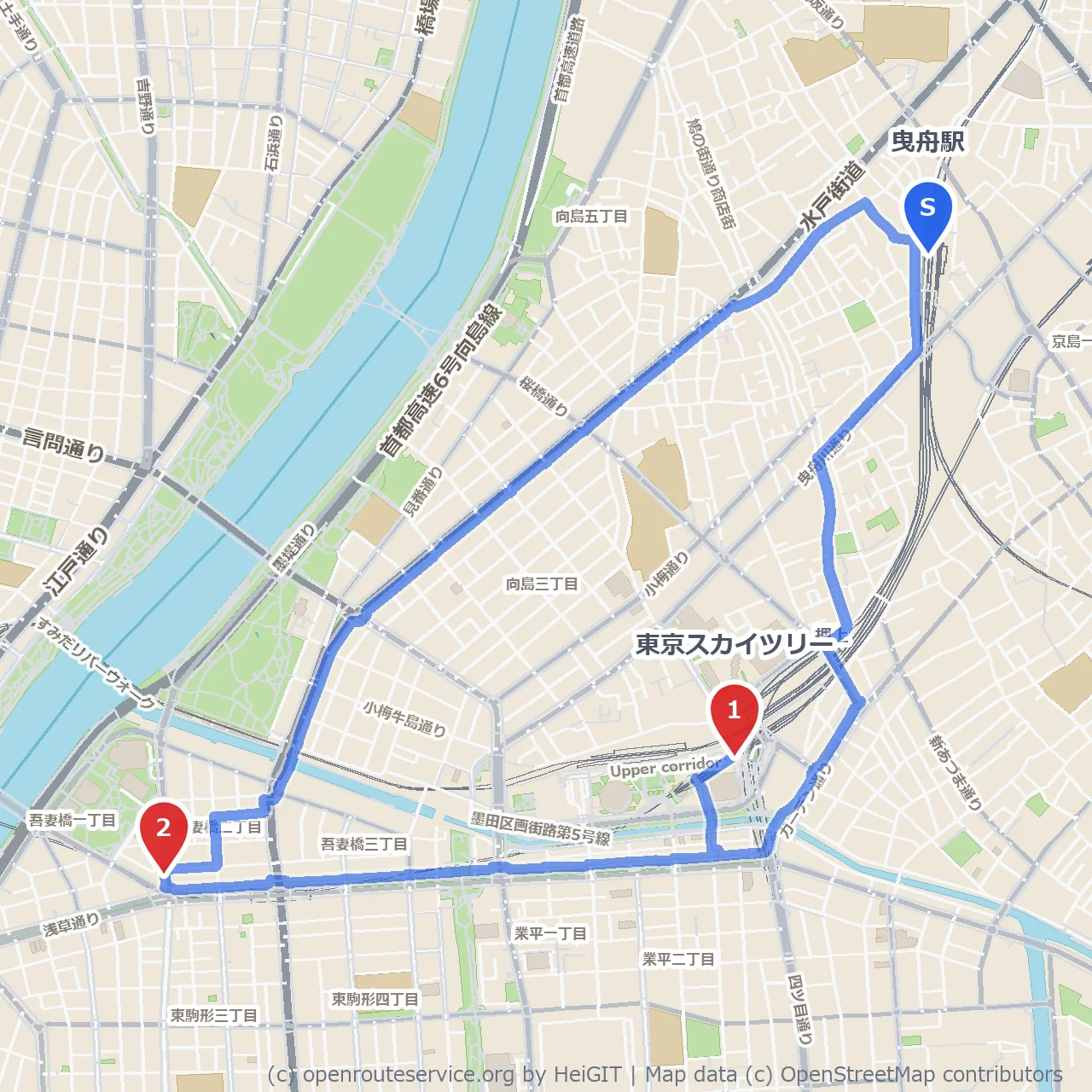 東京スカイツリーから硝子の本博物館へ歩く道 のコースマップ