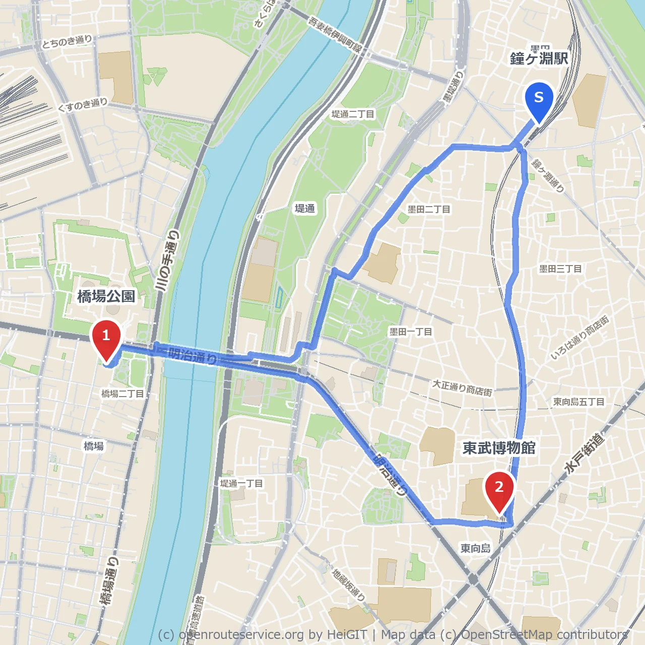 橋場公園から東武博物館へ歩く自然散策路 のコースマップ