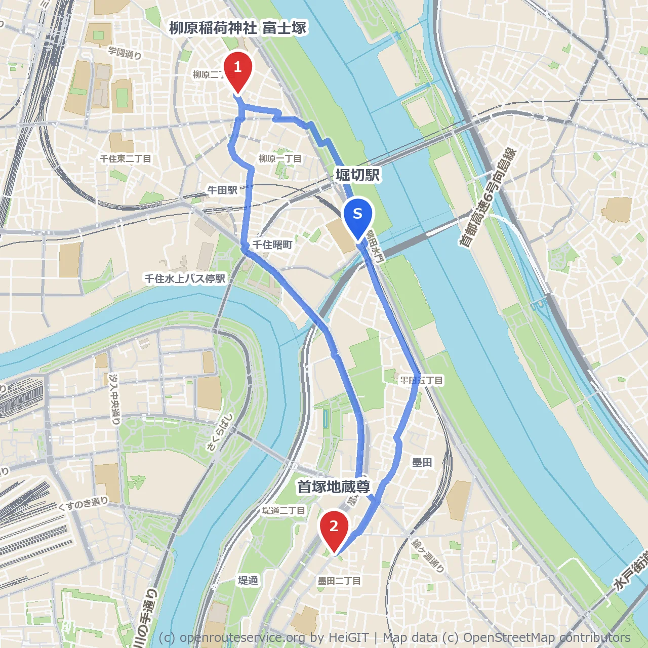 堀切の歴史を巡る柳原稲荷から首塚地蔵尊へ のコースマップ