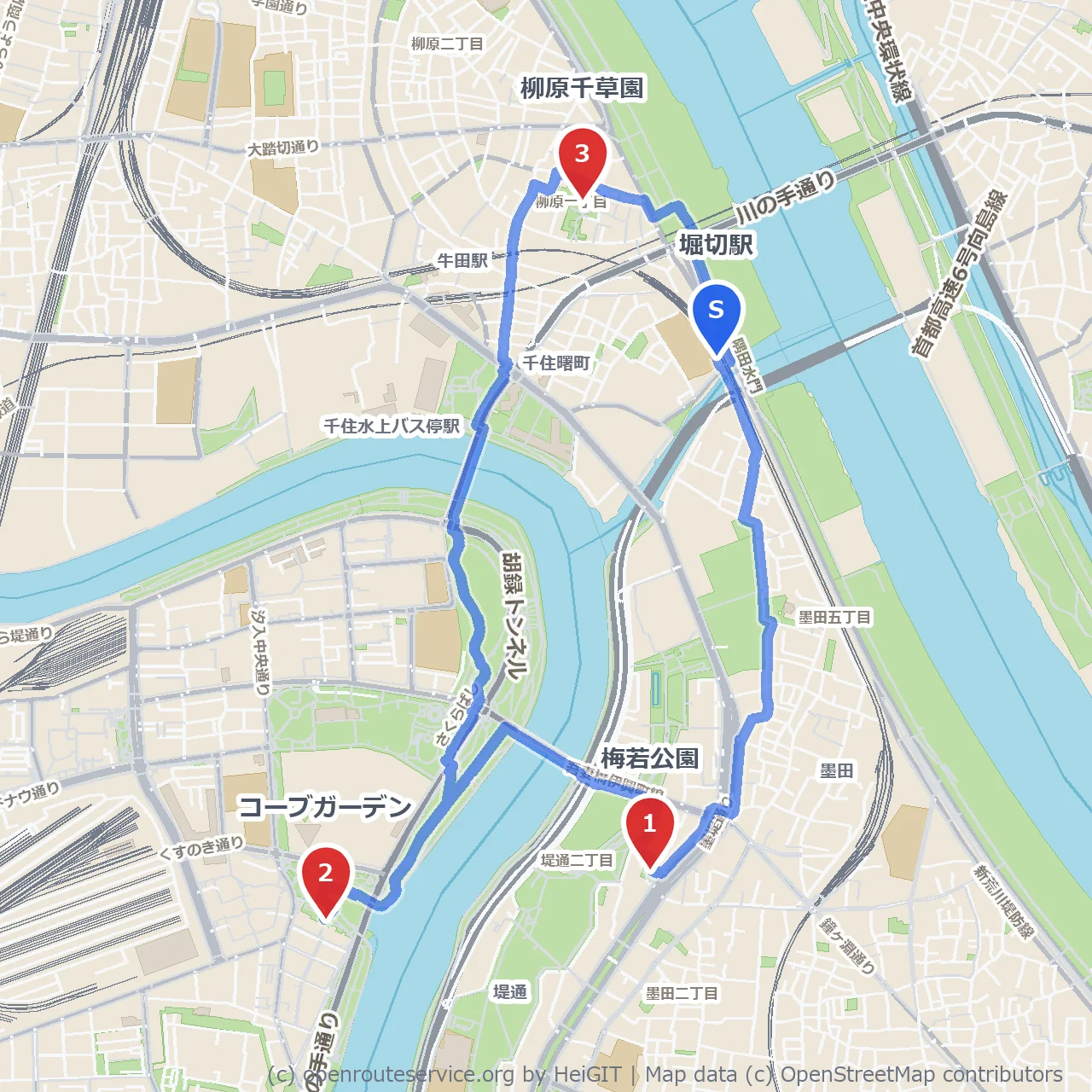 梅若公園と柳原千草園を楽しむ緑の庭園散策 のコースマップ