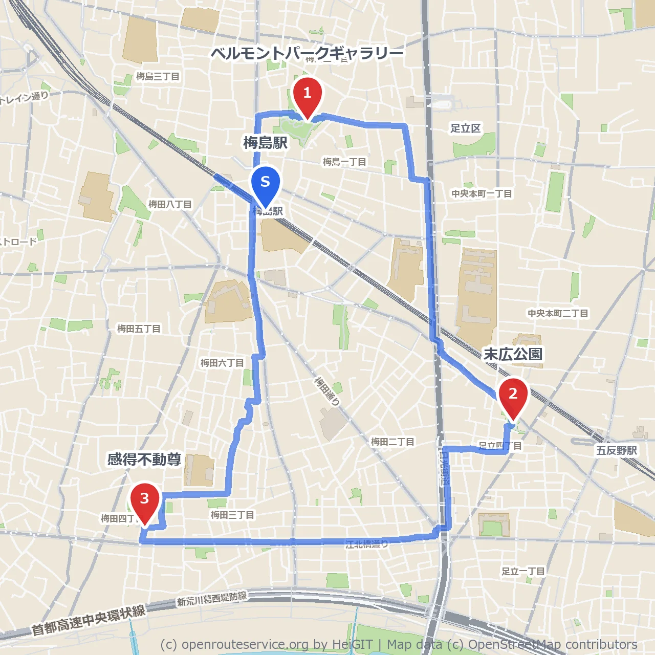 ベルモントパークから末広公園・感得不動尊巡り のコースマップ