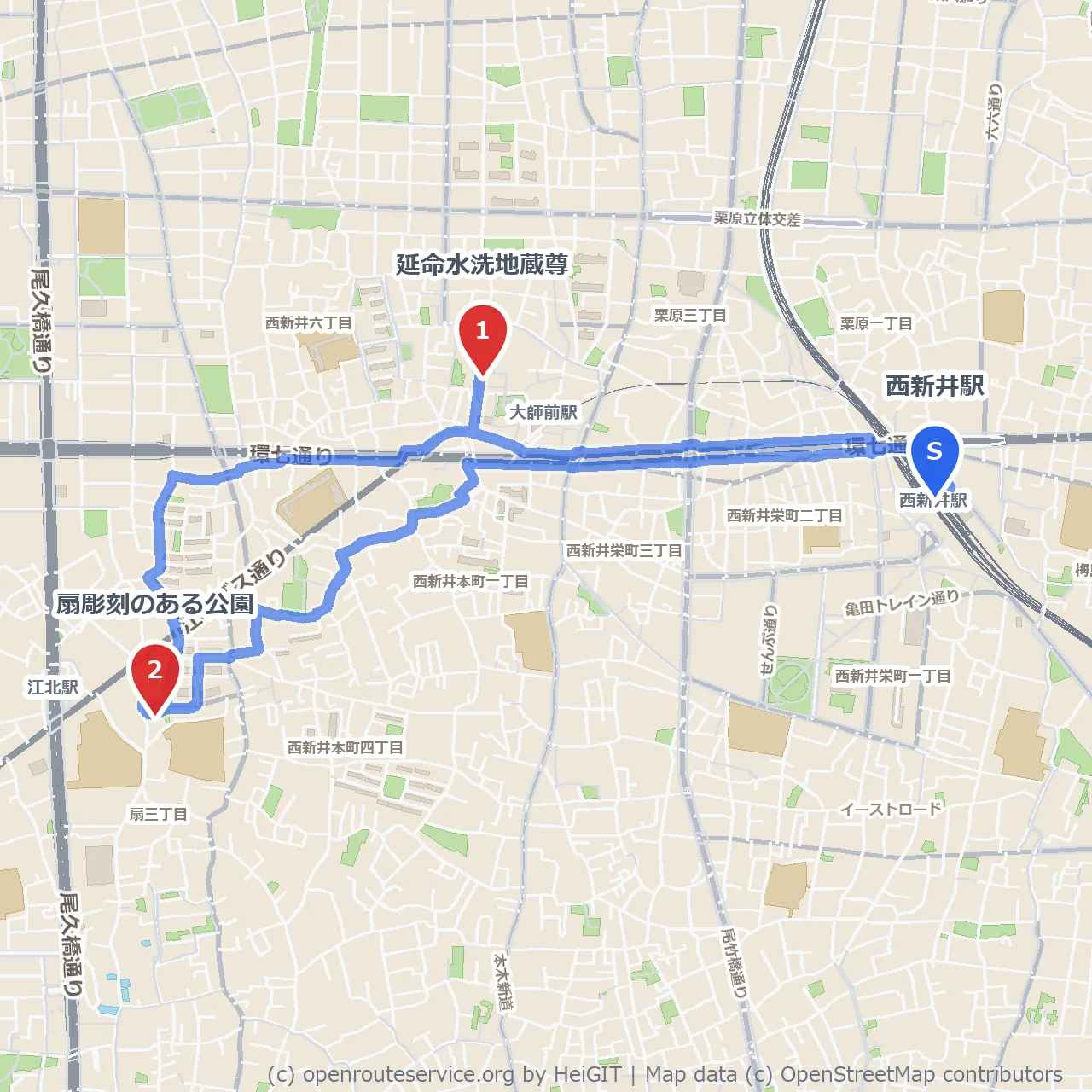 延命水洗地蔵尊と扇彫刻公園の静かな散歩道 のコースマップ