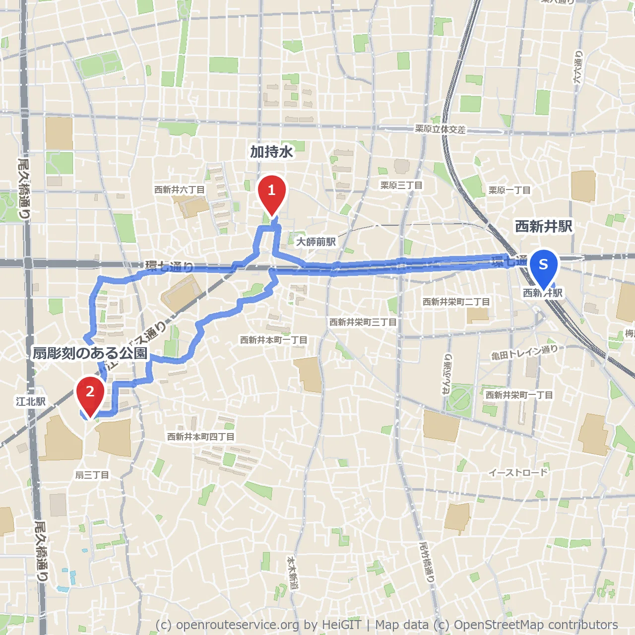 加持水から扇彫刻の公園へ癒しの散策路 のコースマップ