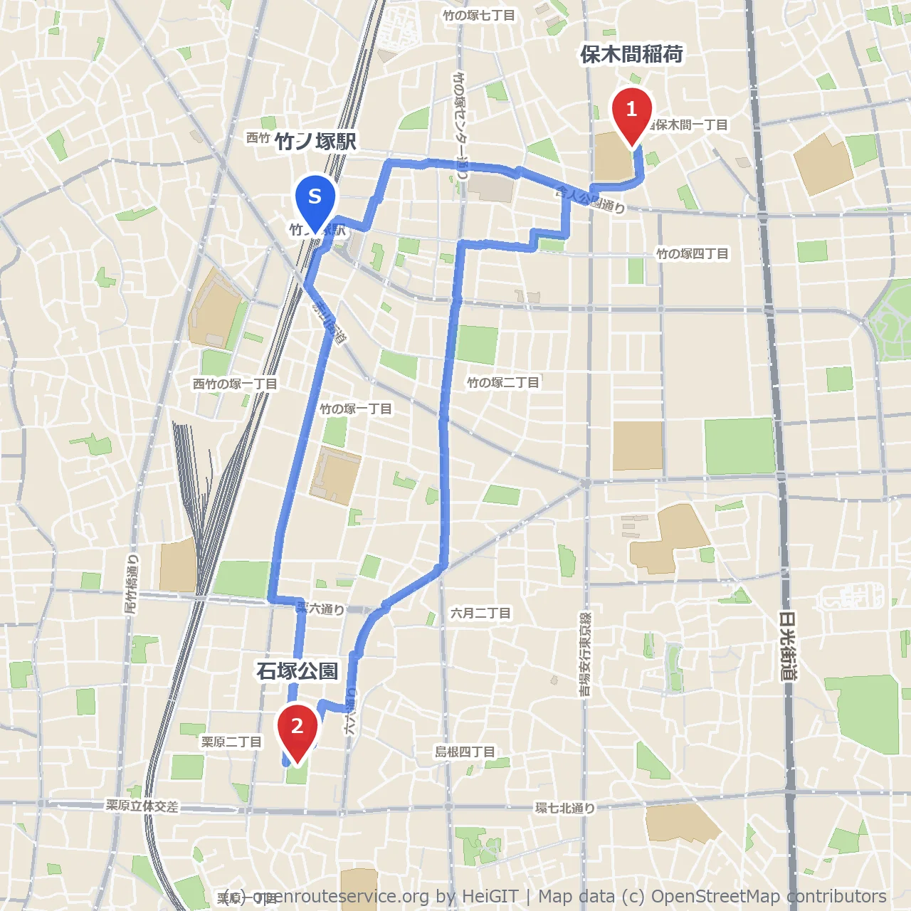 保木間稲荷から石塚公園へ和やかな緑道歩き のコースマップ