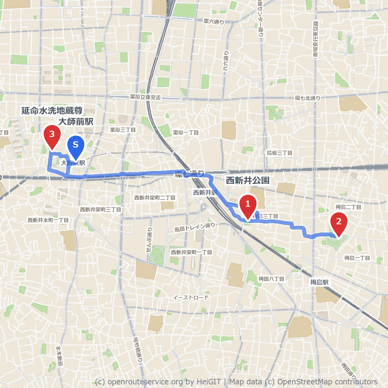 西新井公園とギャラリー巡り、延命水地蔵尊参詣 のコースマップ