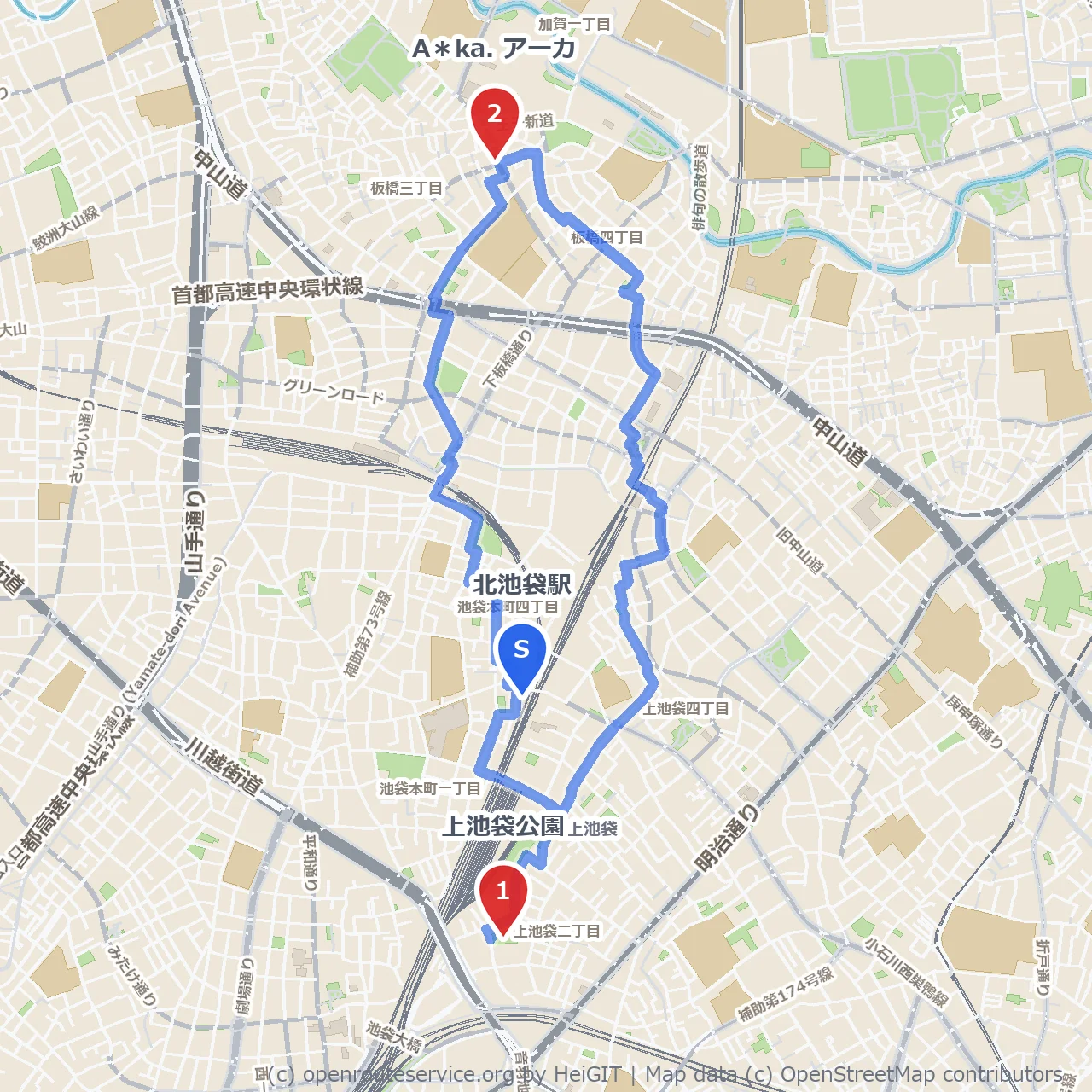 上池袋公園とアートギャラリー散策路 のコースマップ