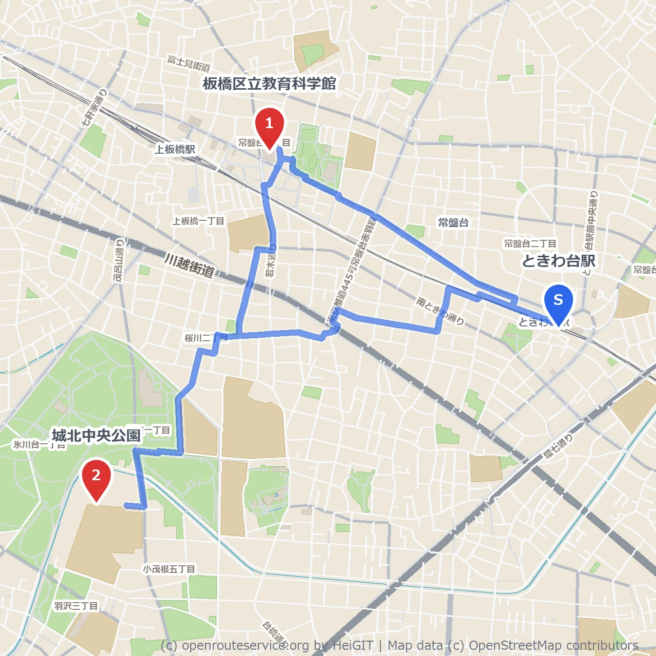 板橋区立教育科学館と城北中央公園の自然散策 のコースマップ