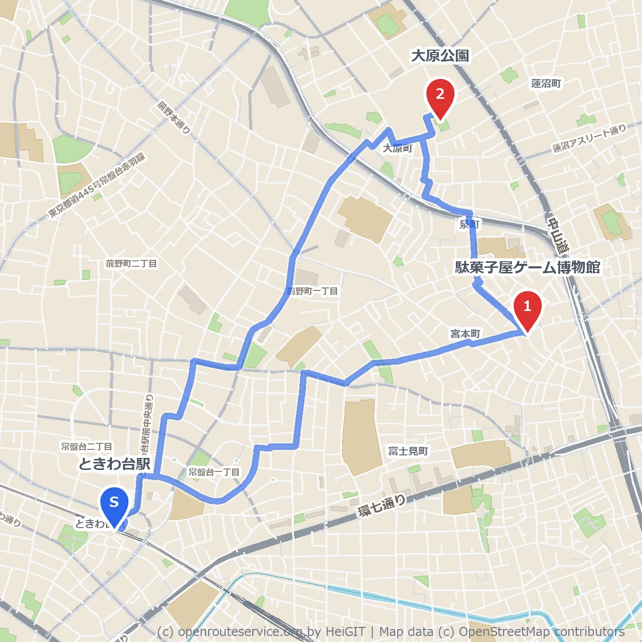 駄菓子屋ゲーム博物館と大原公園のほっこり散歩道 のコースマップ