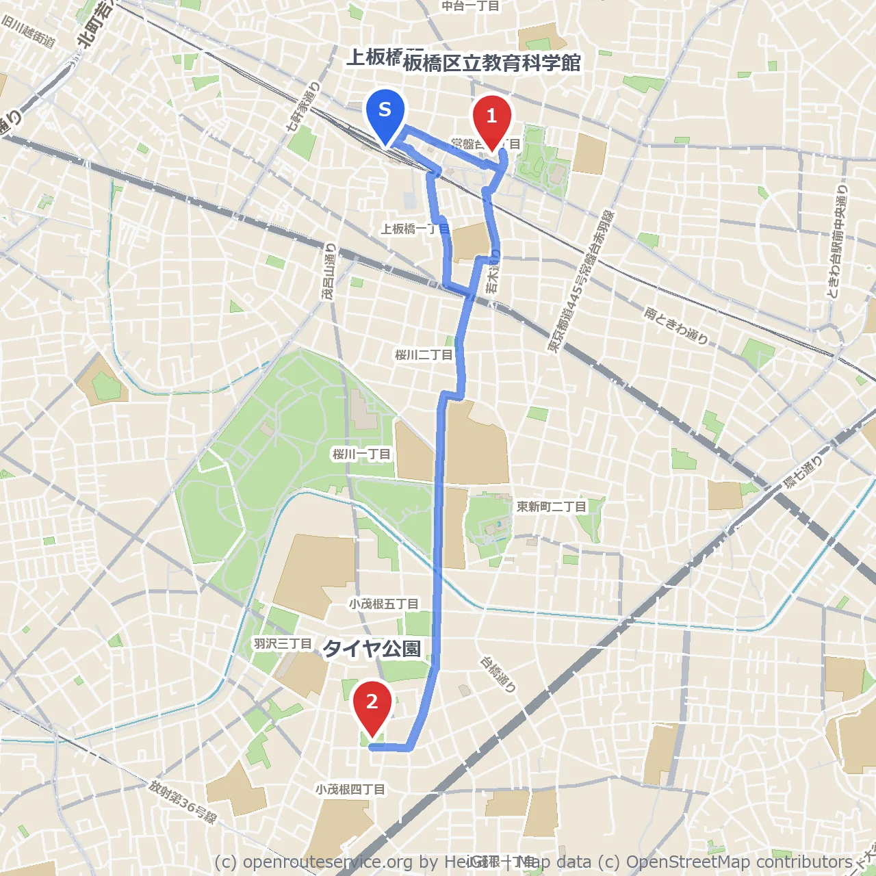 板橋区立教育科学館とタイヤ公園の自然散策 のコースマップ
