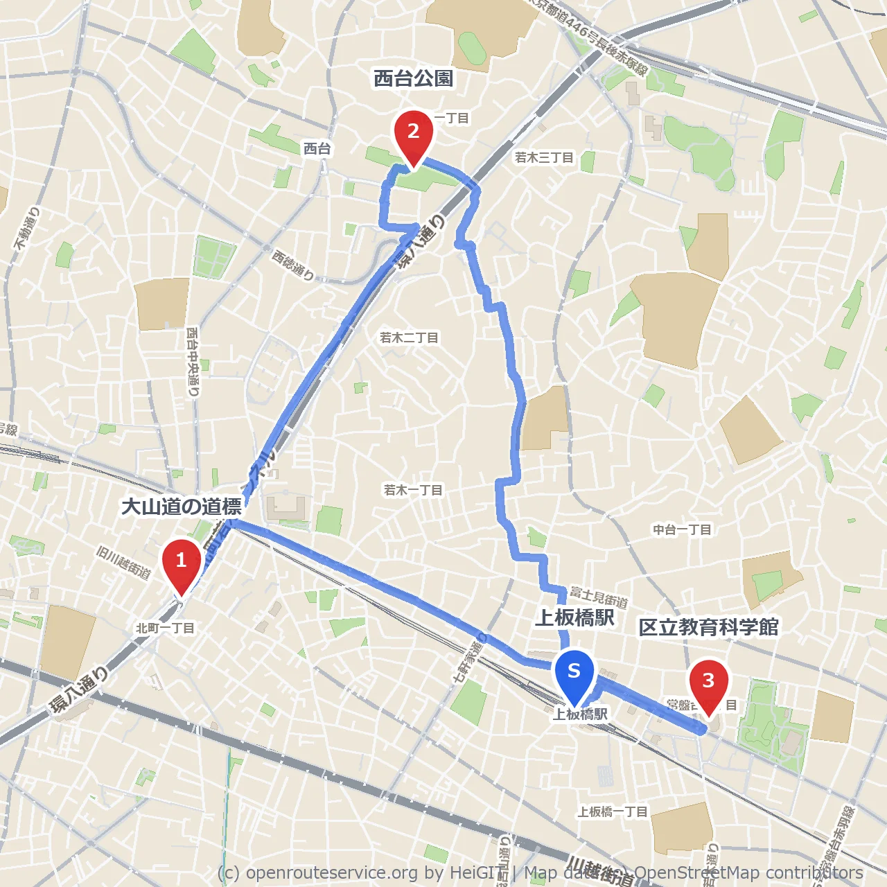 大山道を辿る西台公園と教育科学館めぐり のコースマップ