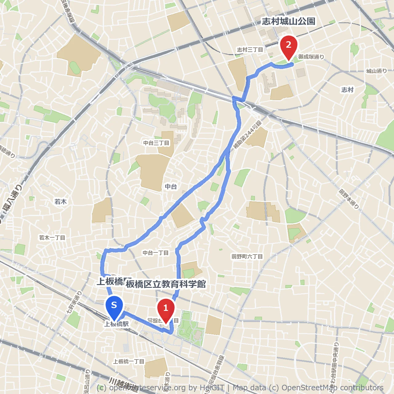 教育科学館から志村城山公園へ緑の道歩き のコースマップ