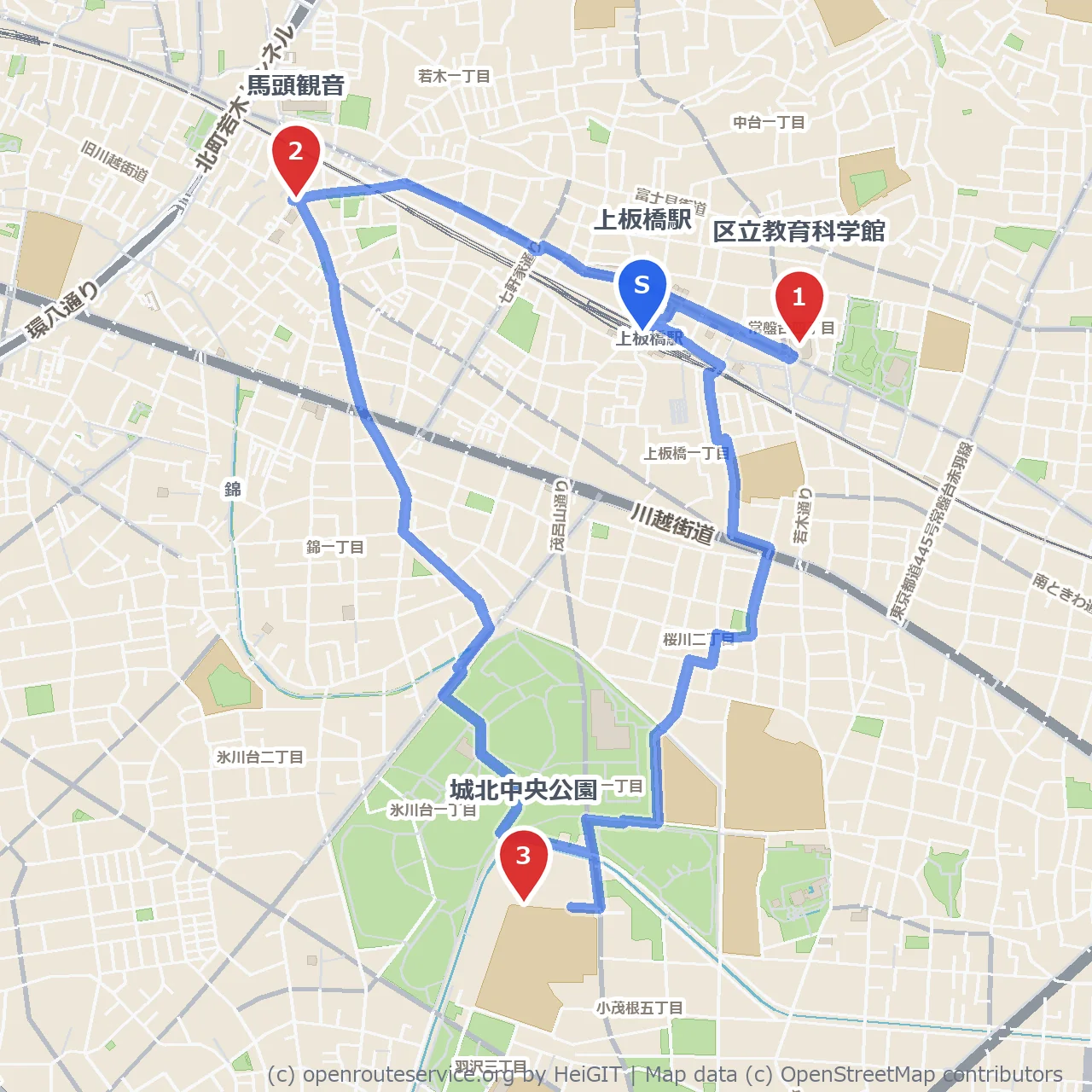 馬頭観音と城北中央公園を巡る教育科学館散歩 のコースマップ