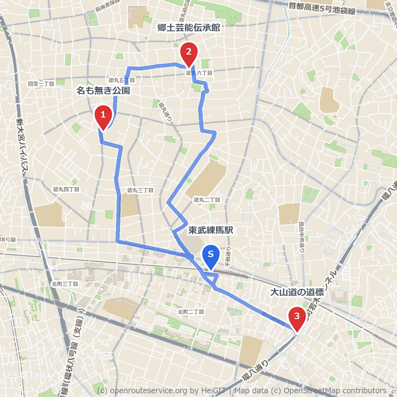 郷土芸能伝承館と大山道を巡る歴史散歩道 のコースマップ